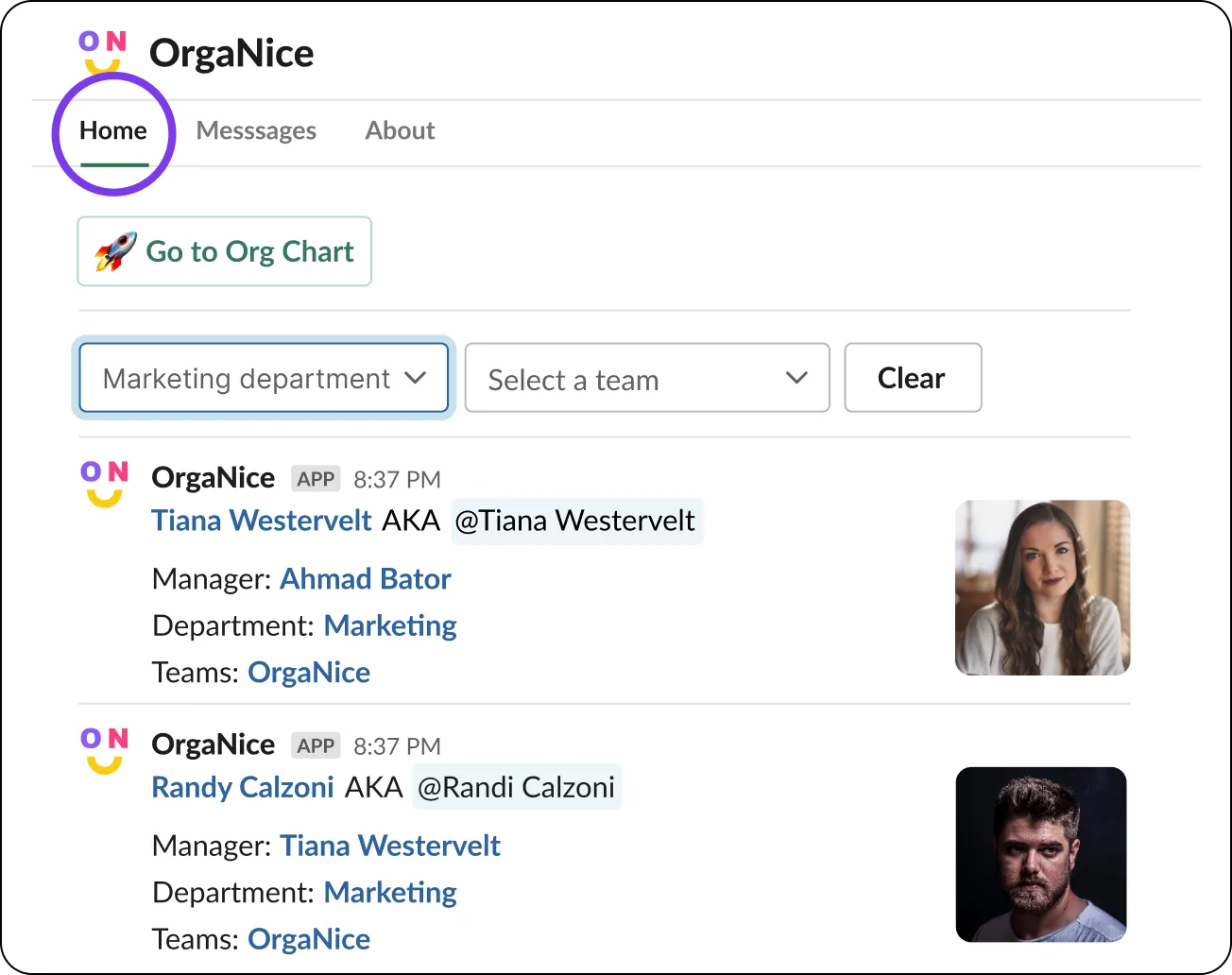 OrgaNice Home Tab