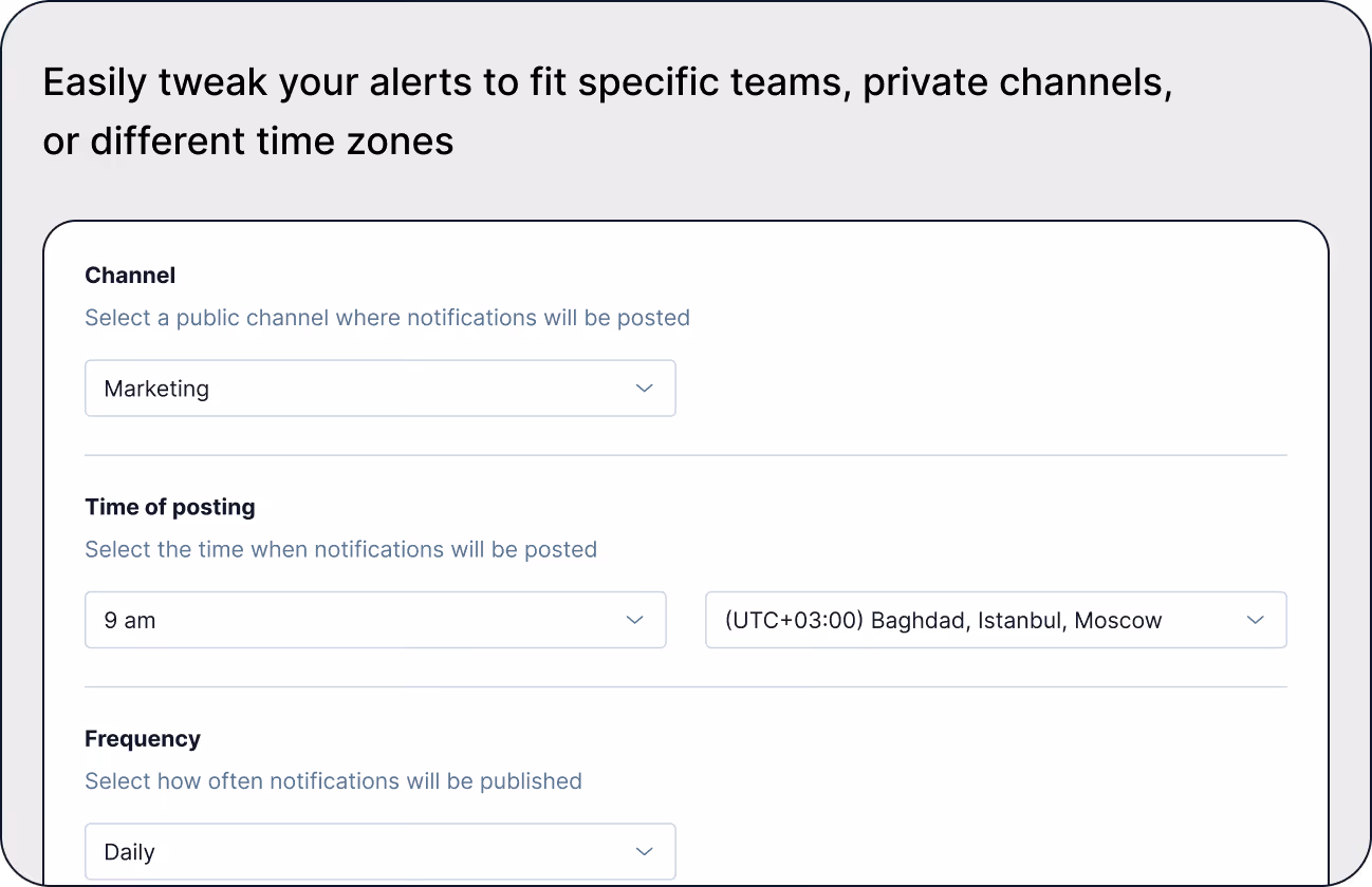 Alerts tailored by teams, channels, and time zones